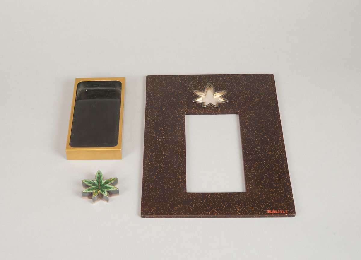 Writing Box with Design of Maple Leaves and Bugaku Hat from the Tale of Genji, Style of Ogawa Haritsu (Ritsuō) (Japanese, 1663–1747), Gold and glazed pottery on colored lacquer inlaid with mother-of-pearl, Japan