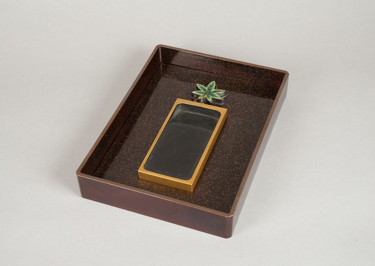 Writing Box with Design of Maple Leaves and Bugaku Hat from the Tale of Genji, Style of Ogawa Haritsu (Ritsuō) (Japanese, 1663–1747), Gold and glazed pottery on colored lacquer inlaid with mother-of-pearl, Japan