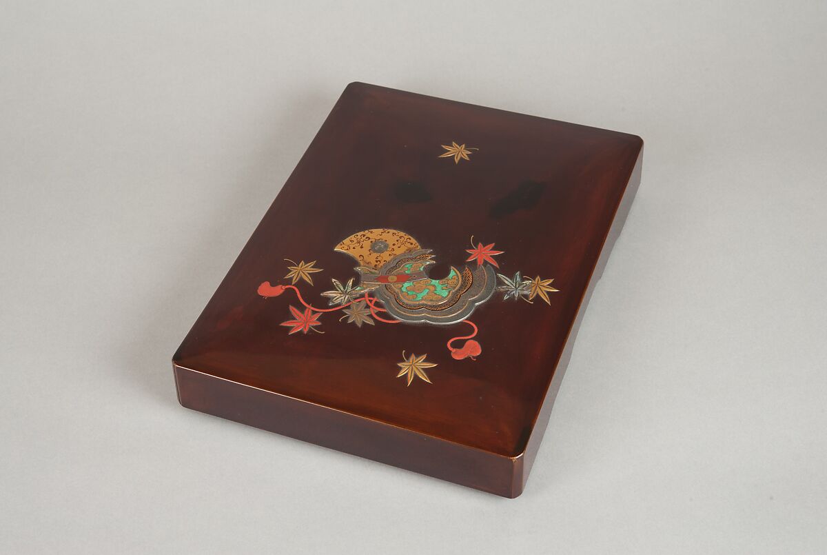 Writing Box with Design of Maple Leaves and Bugaku Hat from the Tale of Genji, Style of Ogawa Haritsu (Ritsuō) (Japanese, 1663–1747), Gold and glazed pottery on colored lacquer inlaid with mother-of-pearl, Japan