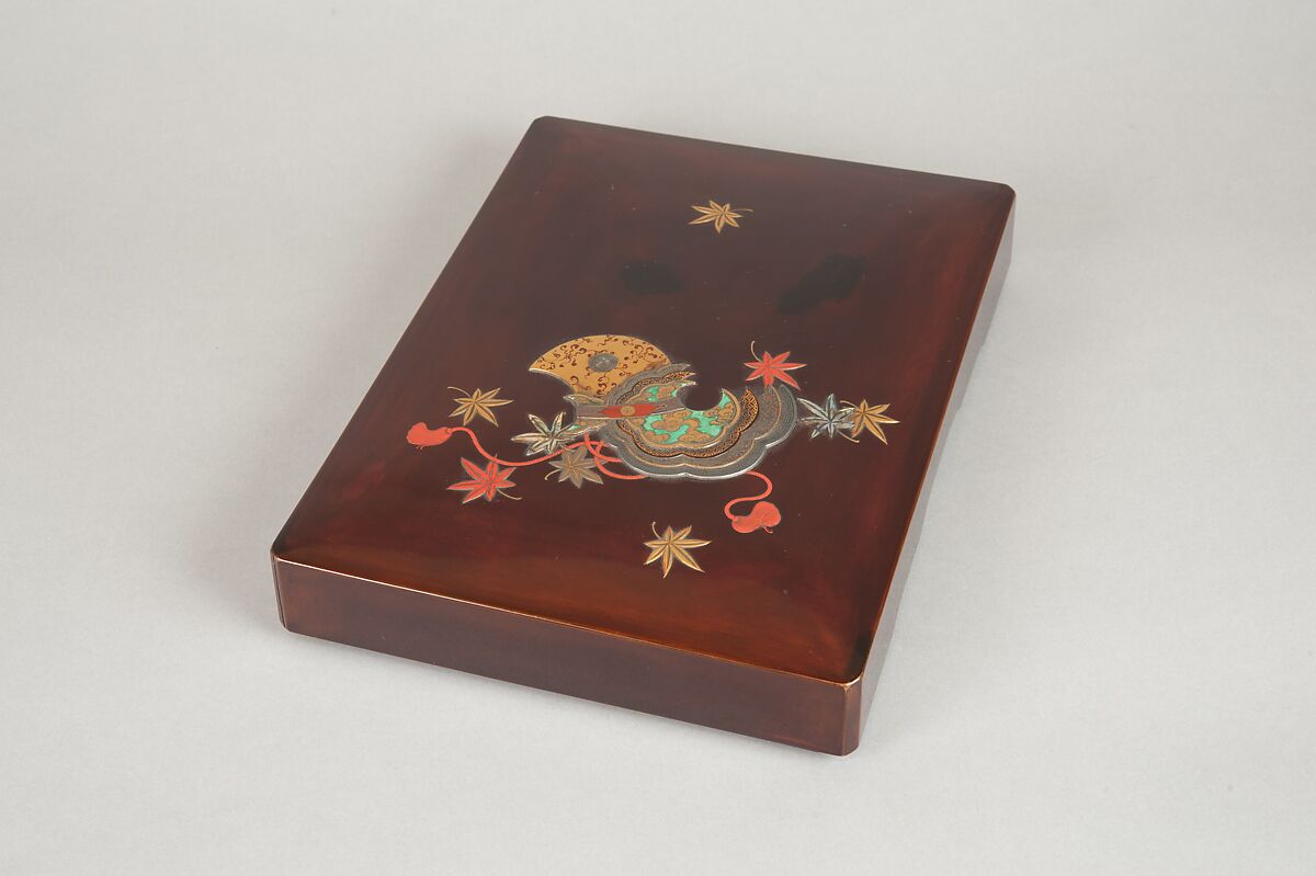 Writing Box with Design of Maple Leaves and Bugaku Hat from the Tale of Genji, Style of Ogawa Haritsu (Ritsuō) (Japanese, 1663–1747), Gold and glazed pottery on colored lacquer inlaid with mother-of-pearl, Japan