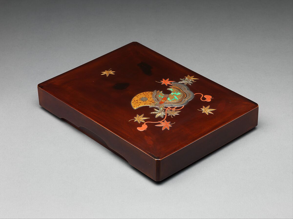 Writing Box with Design of Maple Leaves and Bugaku Hat from the Tale of Genji, Style of Ogawa Haritsu (Ritsuō) (Japanese, 1663–1747), Gold and glazed pottery on colored lacquer inlaid with mother-of-pearl, Japan