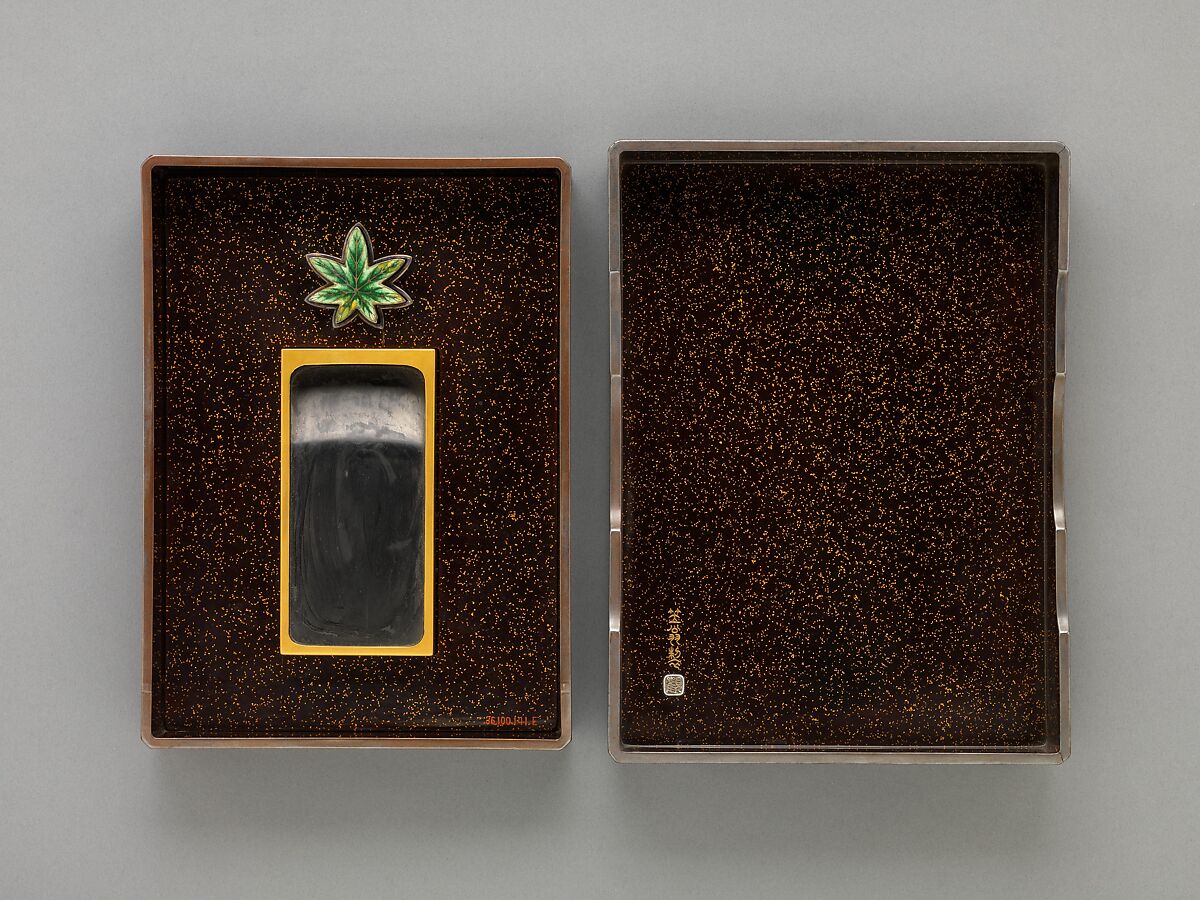 Writing Box with Design of Maple Leaves and Bugaku Hat from the Tale of Genji, Style of Ogawa Haritsu (Ritsuō) (Japanese, 1663–1747), Gold and glazed pottery on colored lacquer inlaid with mother-of-pearl, Japan