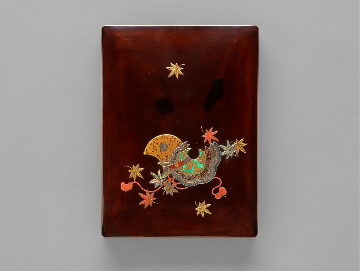 Writing Box with Design of Maple Leaves and Bugaku Hat from the Tale of Genji, Style of Ogawa Haritsu (Ritsuō) (Japanese, 1663–1747), Gold and glazed pottery on colored lacquer inlaid with mother-of-pearl, Japan 