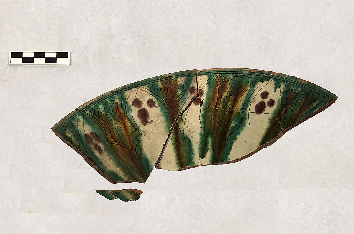 Fragment of a Bowl, Earthenware; white slip with polychrome slip decoration under transparent glaze, incised 