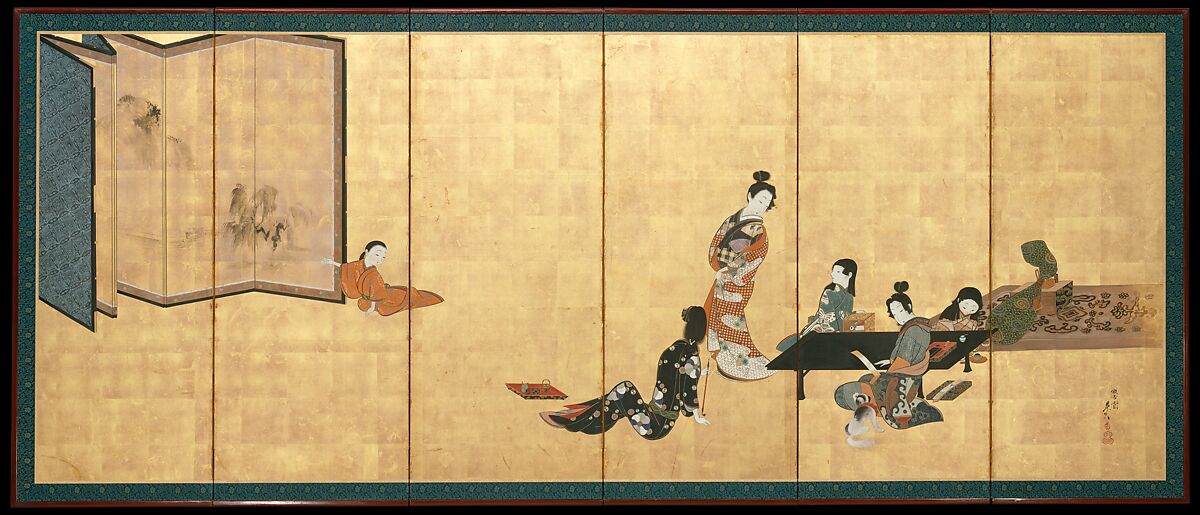 Parody of the Four Accomplishments, Shibata Zeshin (Japanese, 1807–1891), Pair of six-panel folding screens; ink and color on gold leaf on paper, Japan 