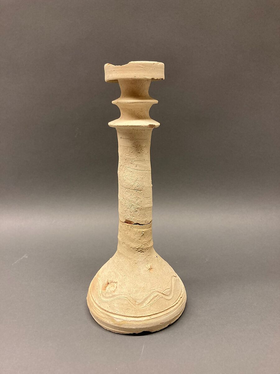 Stand or Candlestick, Earthenware; slip covered and incised, unglazed 