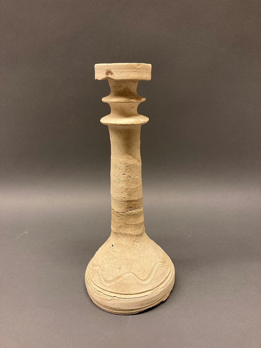 Stand or Candlestick, Earthenware; slip covered and incised, unglazed