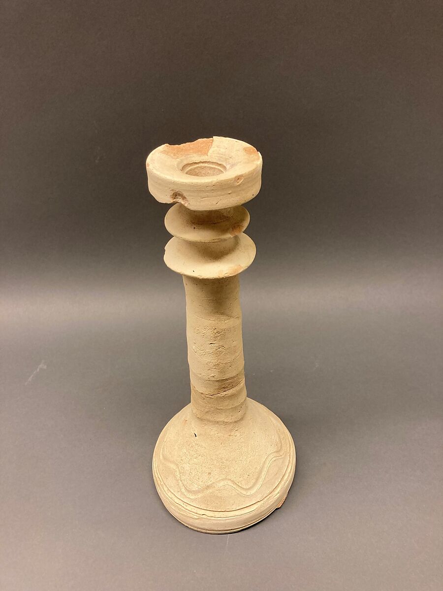 Stand or Candlestick, Earthenware; slip covered and incised, unglazed