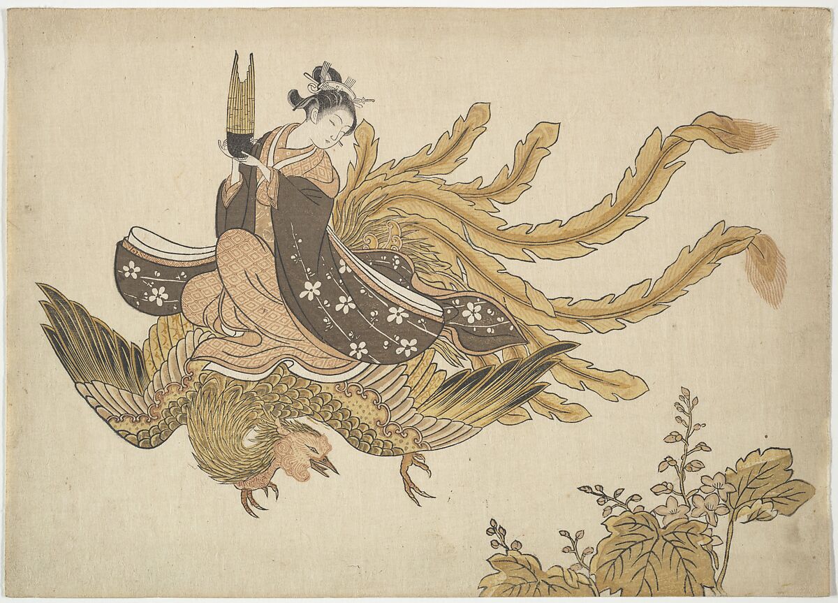 Young Woman Riding a Phoenix, Suzuki Harunobu (Japanese, 1725–1770), Woodblock print (nishiki-e); ink and color on paper, Japan 