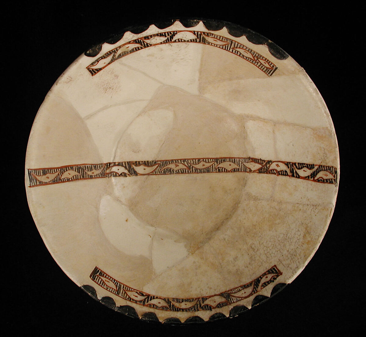 Bowl, Earthenware; white slip with polychrome slip decoration under transparent glaze