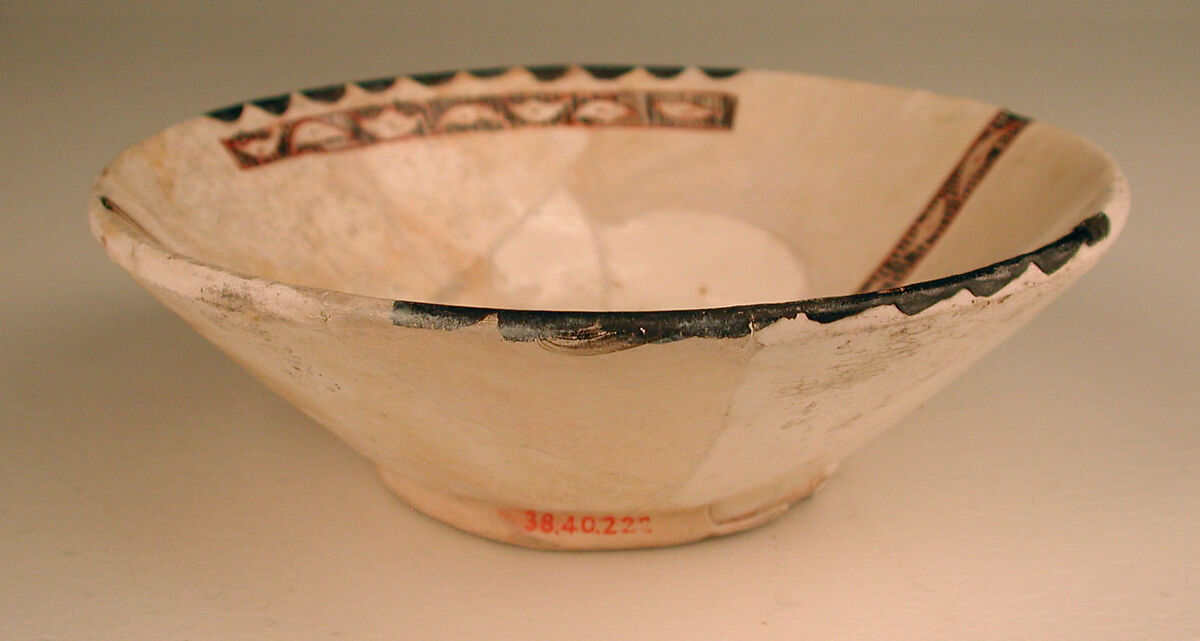 Bowl, Earthenware; white slip with polychrome slip decoration under transparent glaze