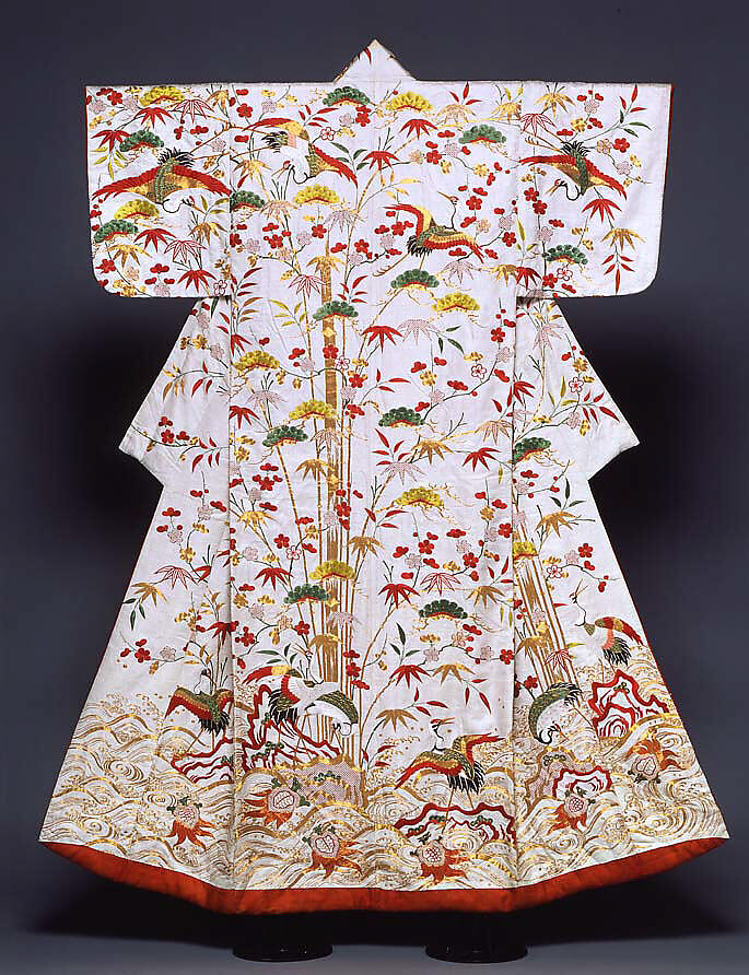 Over Robe (Uchikake) with Mount Hōrai, Figured satin-weave silk (rinzu) with paste-resist dyeing, stencil-dyed dots, and silk- and gold-thread embroidery, Japan