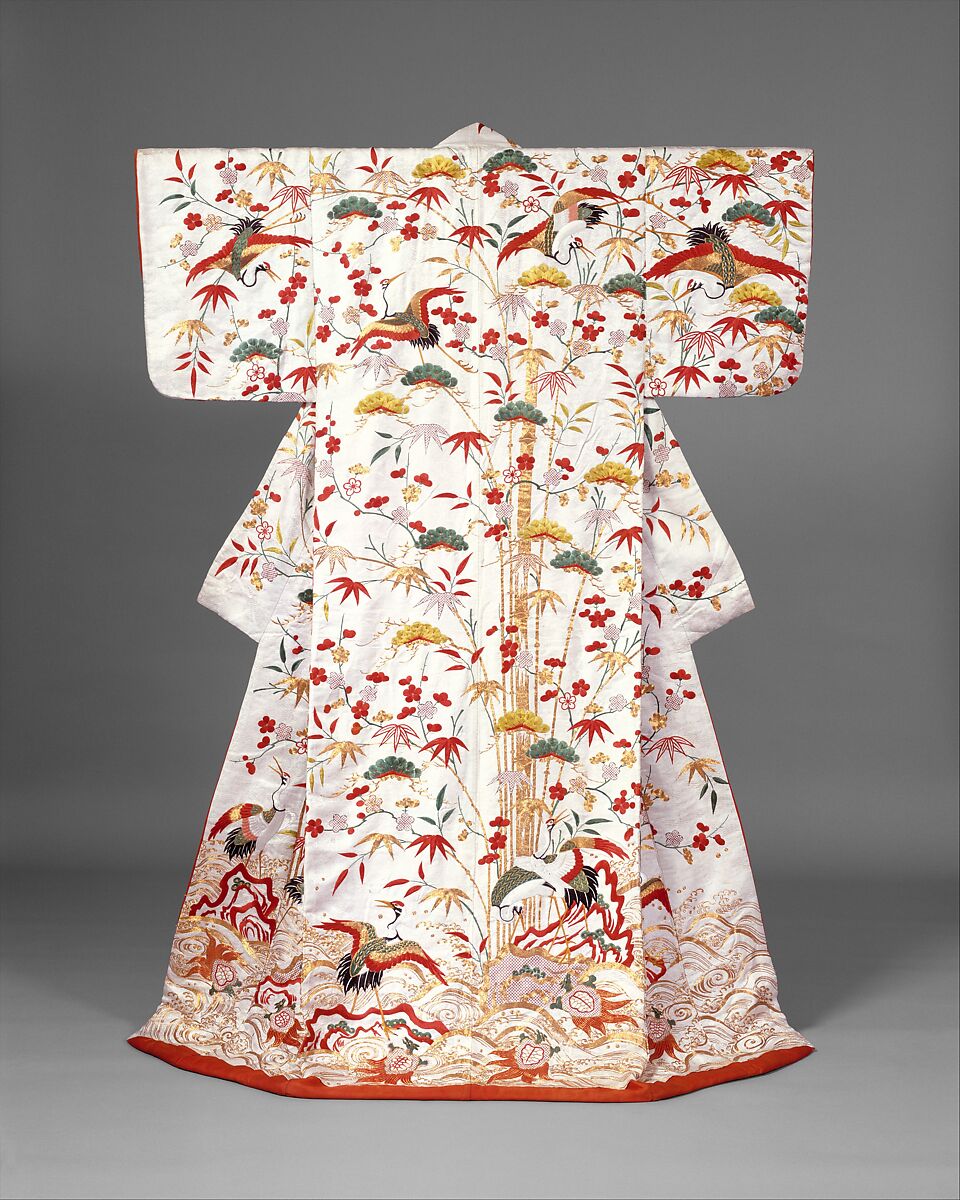 Outer Robe (Uchikake) with Mount Penglai, Figured satin-weave silk (rinzu) with paste-resist dyeing, stencil-dyed dots, and silk- and gold-thread embroidery, Japan