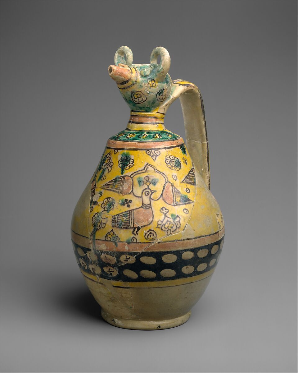 Animal-Spouted Pitcher, Earthenware; polychrome decoration under transparent glaze (buff ware) 