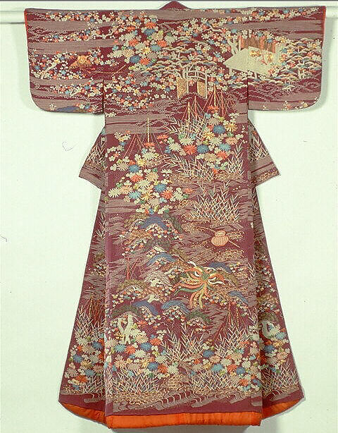 Kosode with Scenes from Nō Plays, Resist-dyed and embroidered silk crepe, Japan 