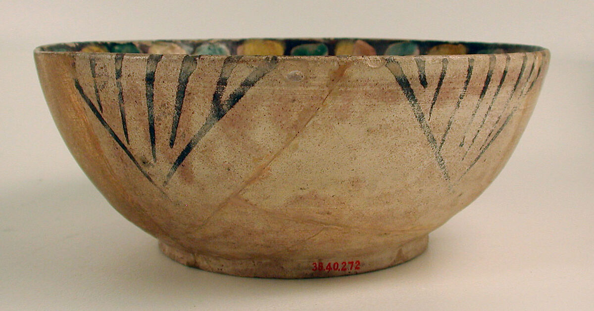 Buffware Bowl with Geometric Designs, Earthenware; polychrome decoration under transparent glaze (buff ware)