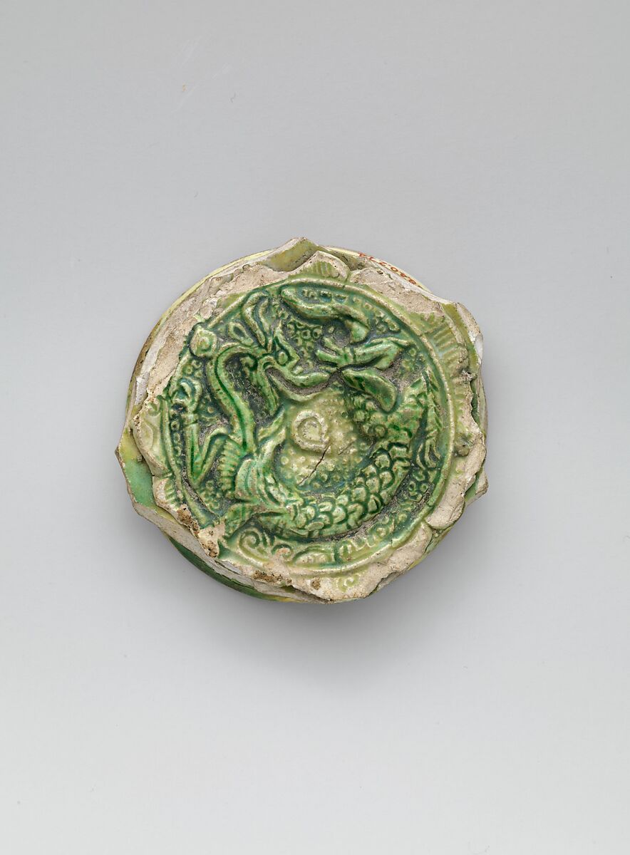 Fragment of an Imported Chinese Bowl, Earthenware; applied relief medallion under three color (sancai) glaze 