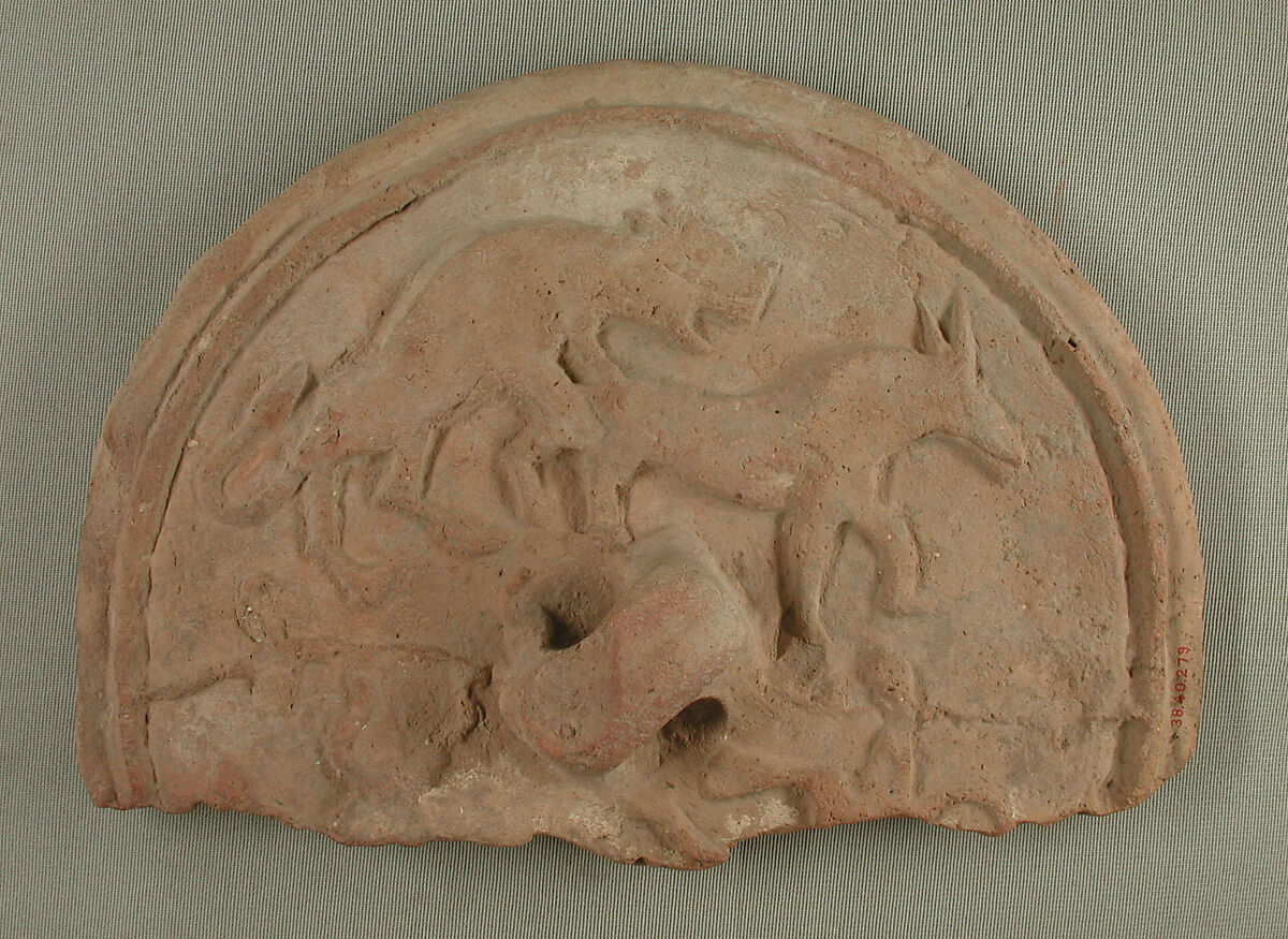 Lid with a Lion attacking a Bull, Earthenware; molded decoration, unglazed