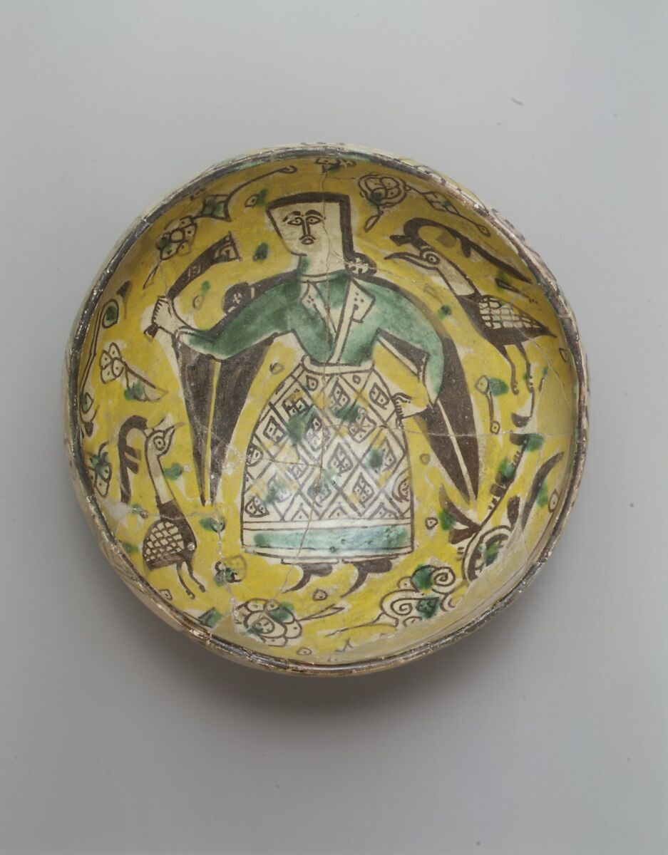 Bowl with a Figure and Birds, Earthenware; polychrome decoration under transparent glaze (buff ware)