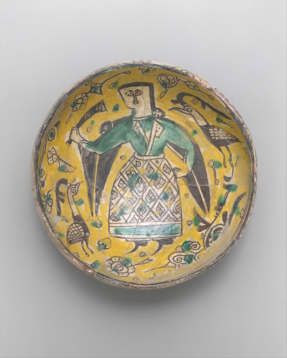 Bowl with a Figure and Birds, Earthenware; polychrome decoration under transparent glaze (buff ware)