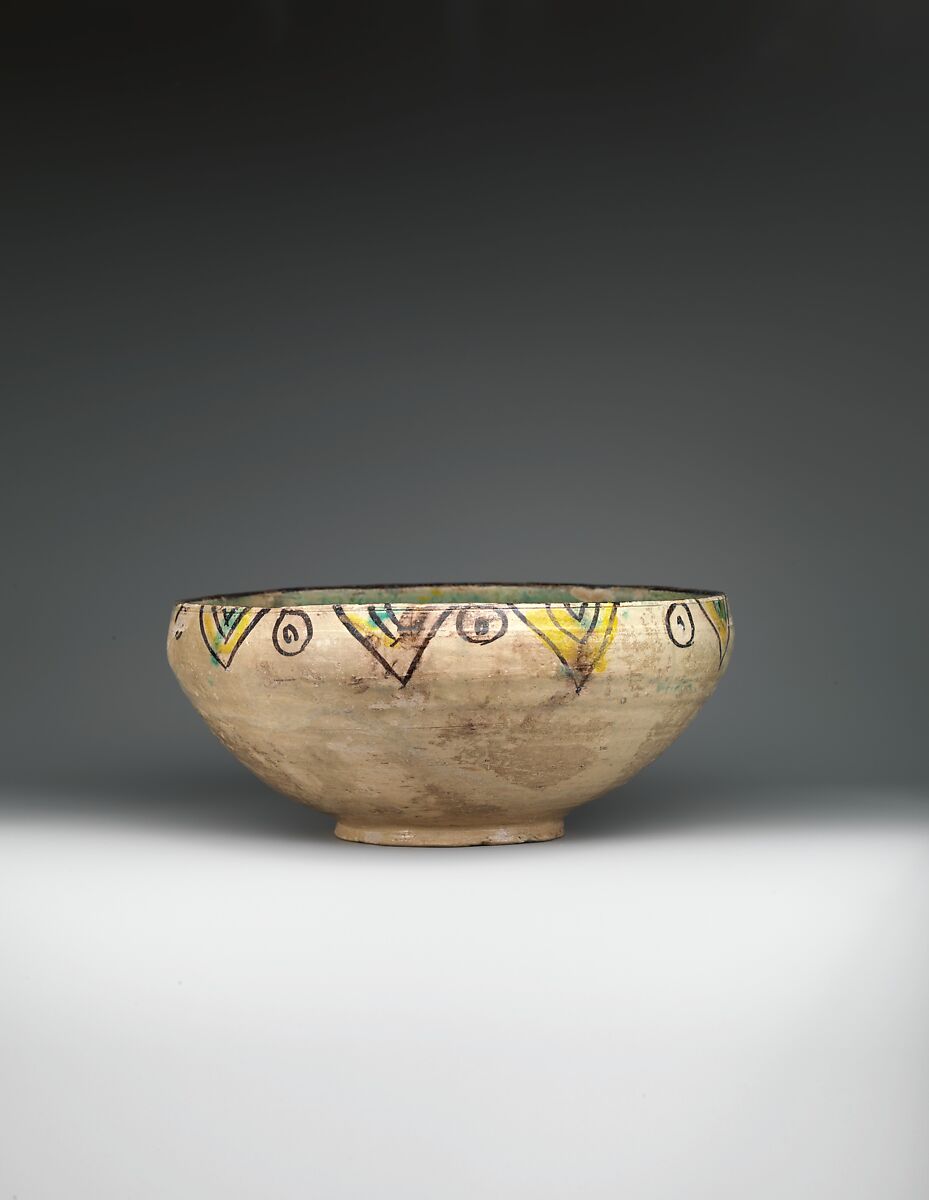Bowl with a Figure and Birds, Earthenware; polychrome decoration under transparent glaze (buff ware)
