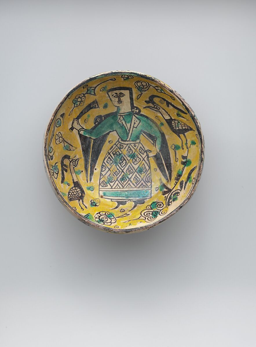 Bowl with a Figure and Birds, Earthenware; polychrome decoration under transparent glaze (buff ware) 