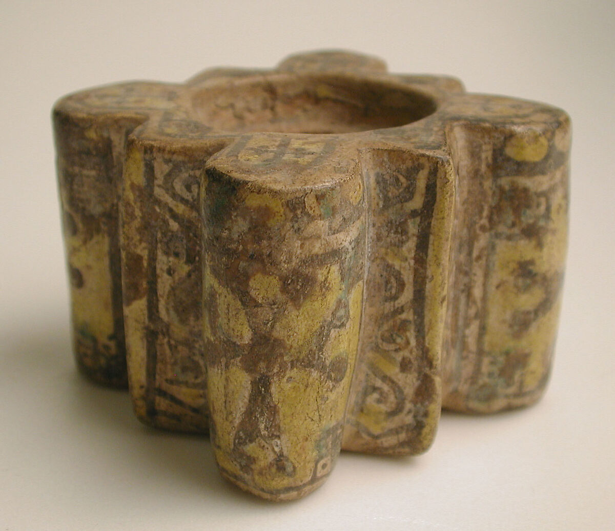 Inkwell with Crosses, Earthenware; polychrome decoration under transparent glaze (buff ware)