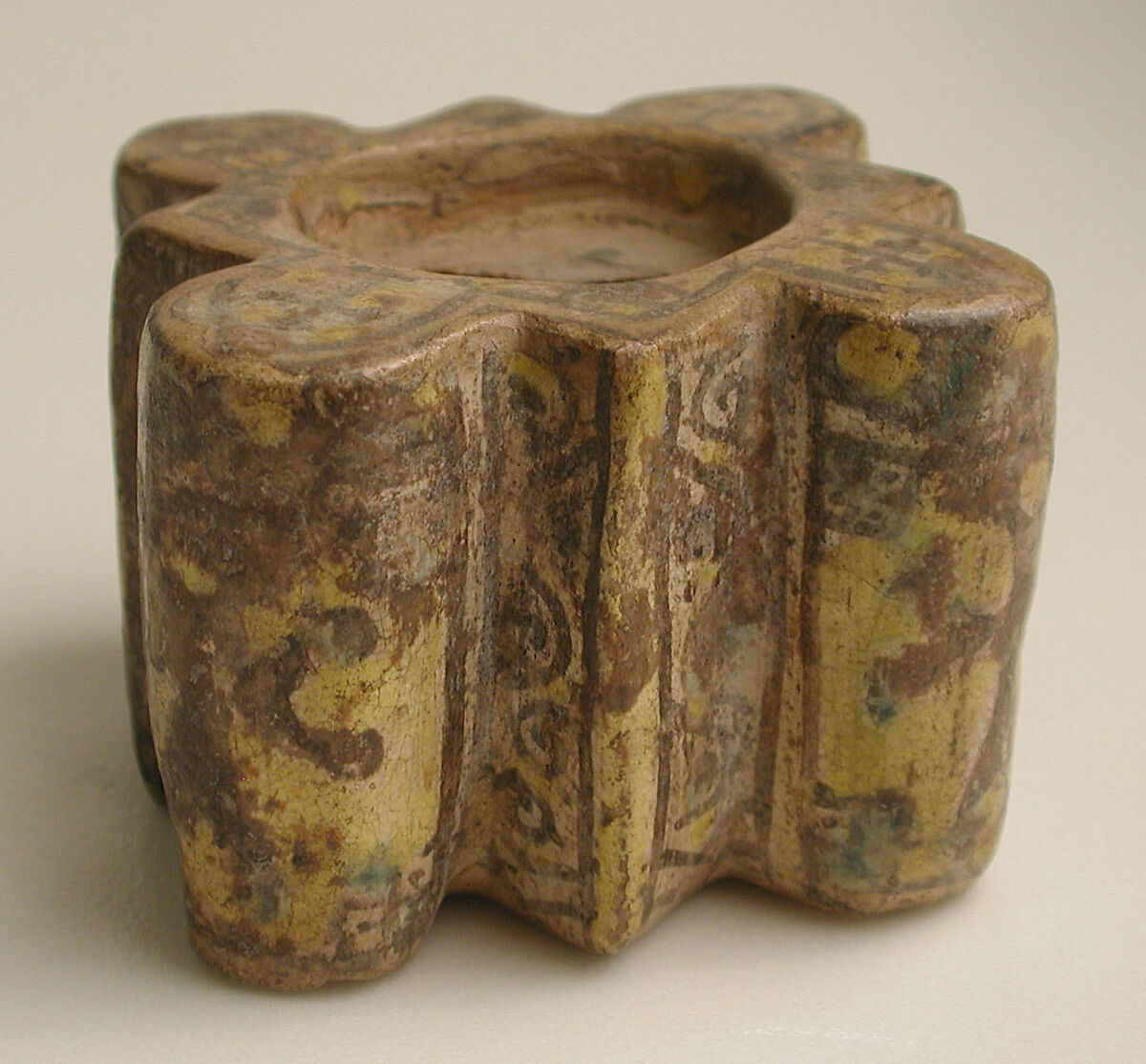 Inkwell with Crosses, Earthenware; polychrome decoration under transparent glaze (buff ware)