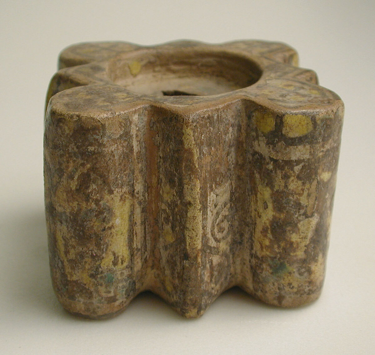 Inkwell with Crosses, Earthenware; polychrome decoration under transparent glaze (buff ware)