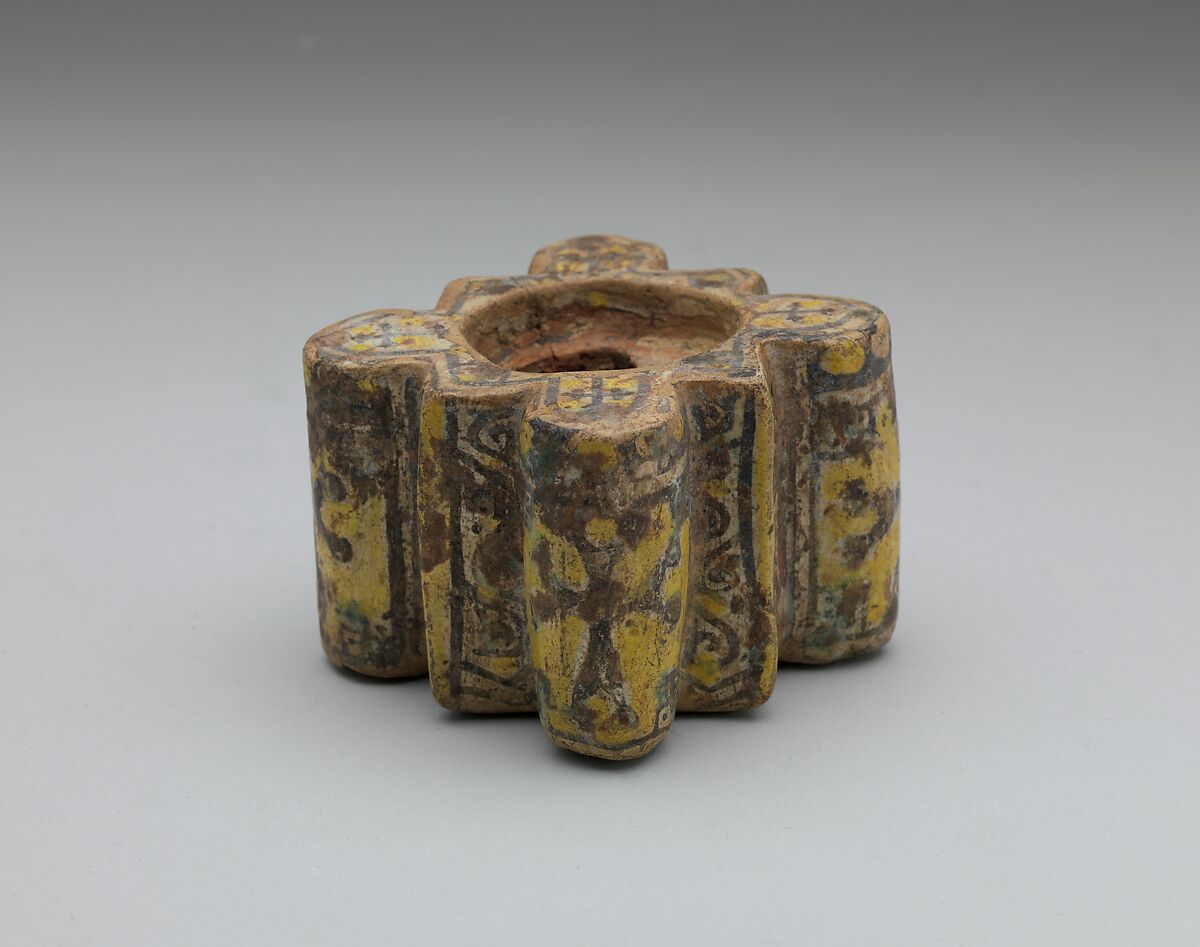 Inkwell with Crosses, Earthenware; polychrome decoration under transparent glaze (buff ware) 