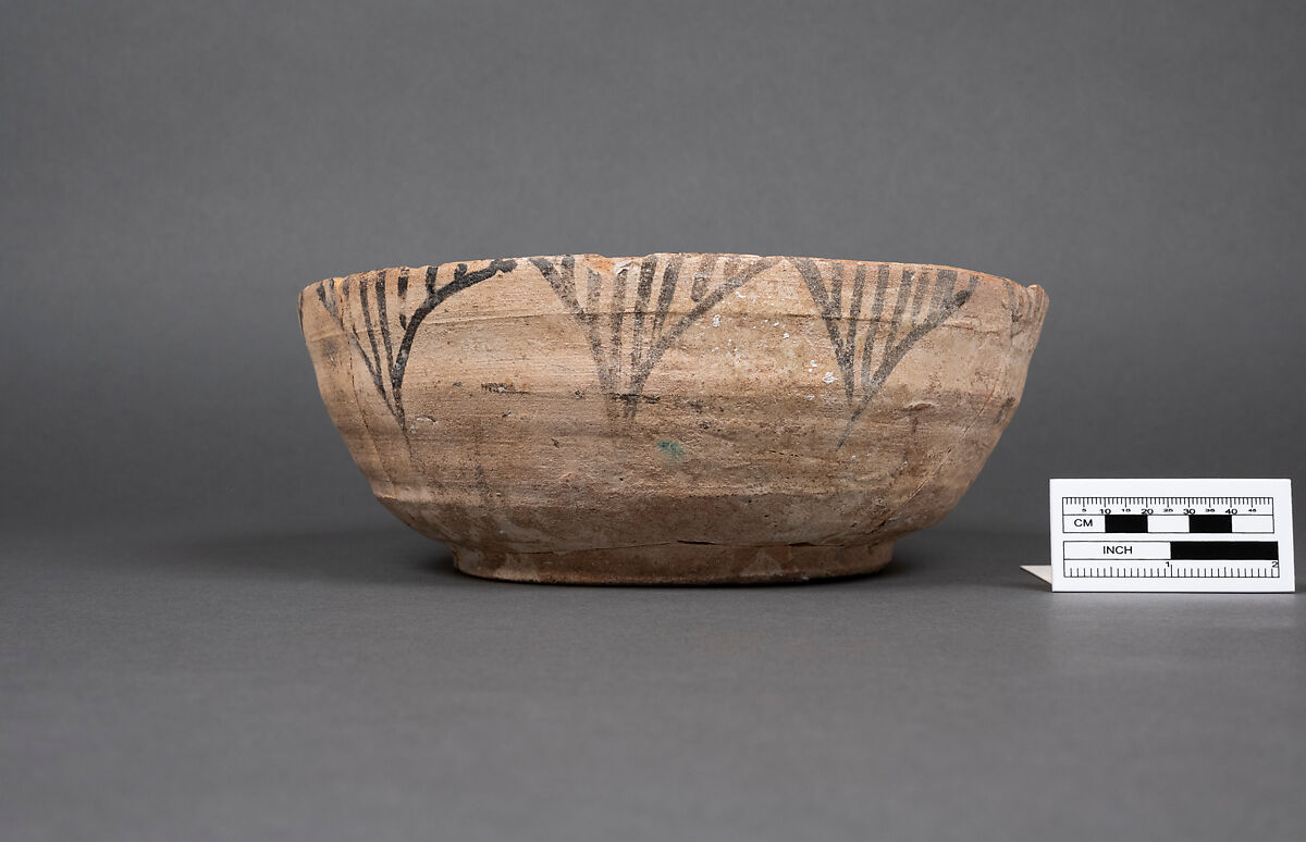 Bowl, Earthenware; cream colored slip with polychrome slip decoration under transparent glaze (buff ware)