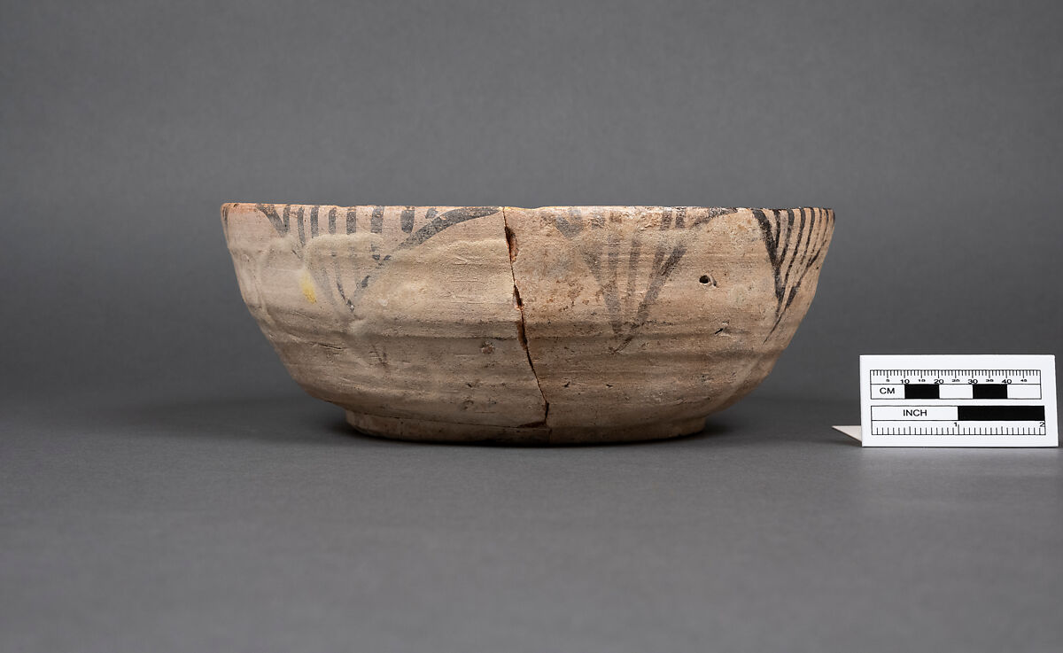 Bowl, Earthenware; cream colored slip with polychrome slip decoration under transparent glaze (buff ware)