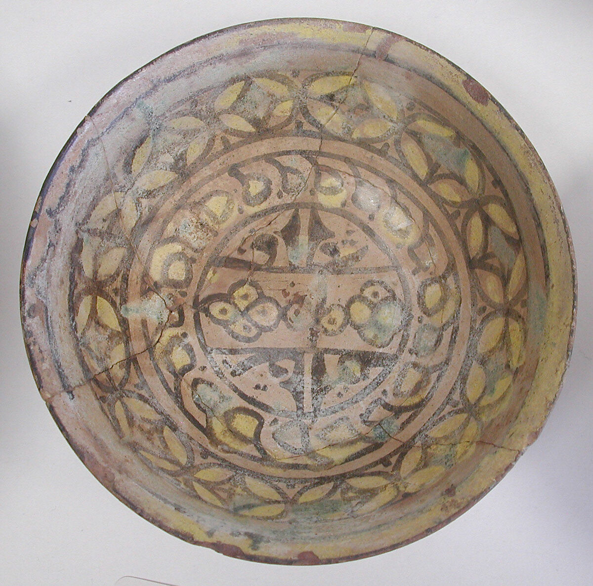 Bowl, Earthenware; cream colored slip with polychrome slip decoration under transparent glaze (buff ware)