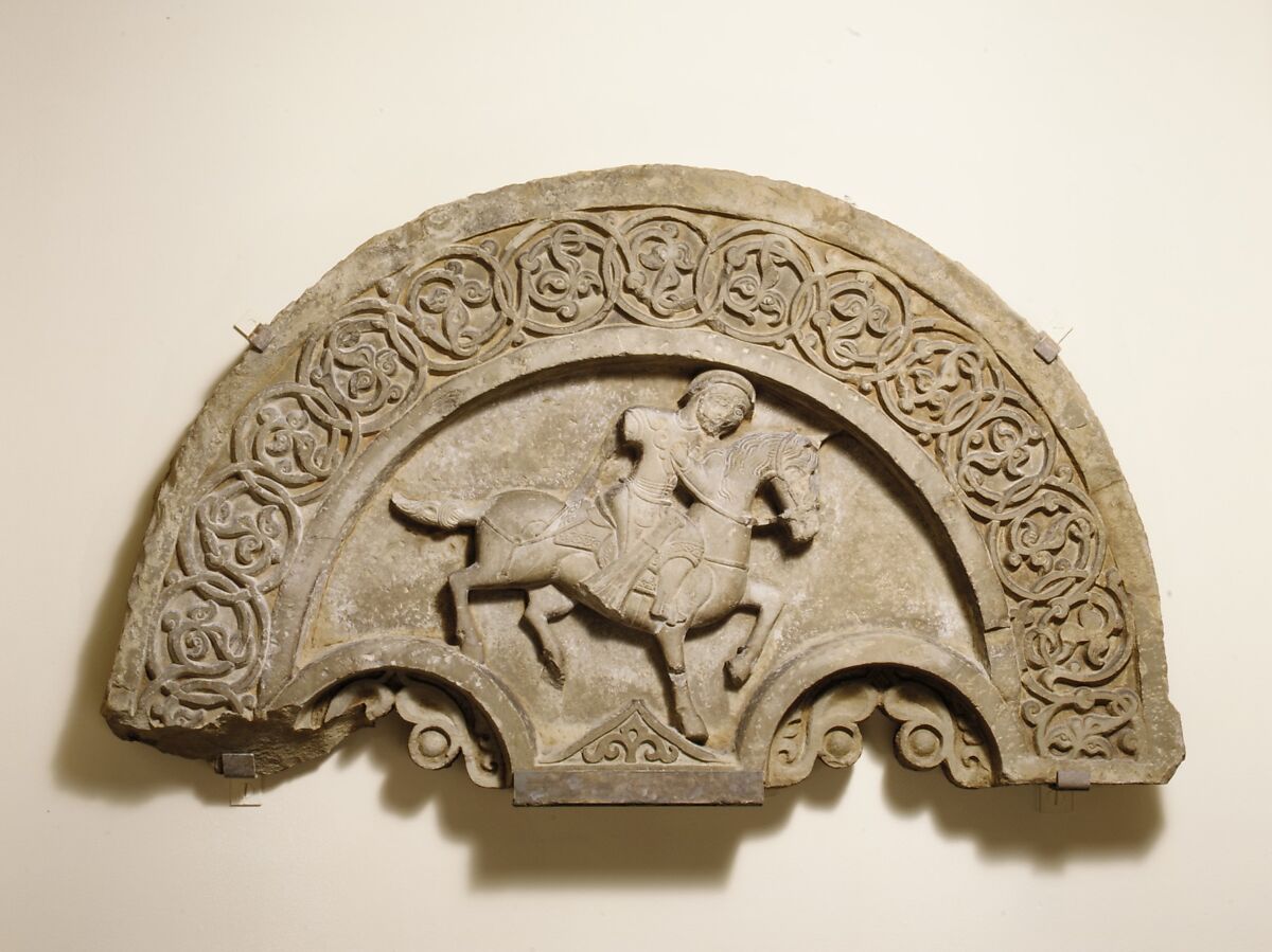 Tympanum with a Horse and Rider, Stone; carved, with traces of paint