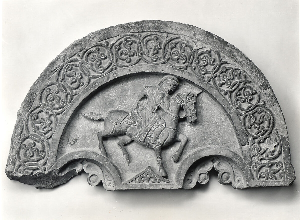 Tympanum with a Horse and Rider, Stone; carved, with traces of paint
