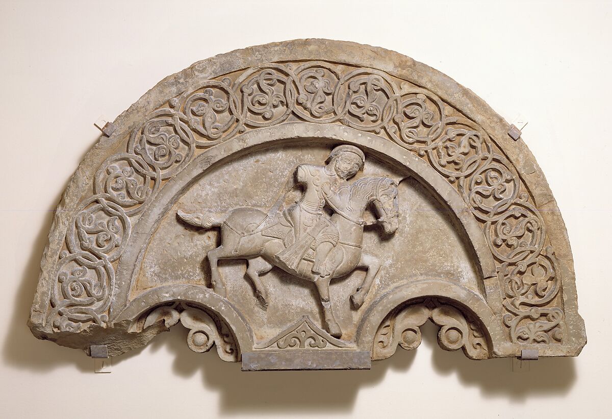 Tympanum with a Horse and Rider, Stone; carved, with traces of paint