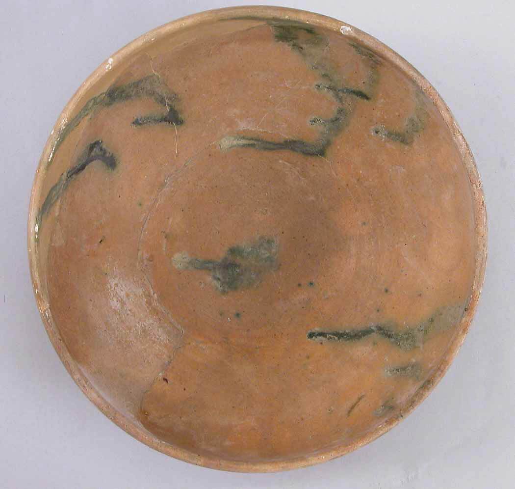 Bowl, Earthenware; buff slip, splashed green glaze (buff ware) 