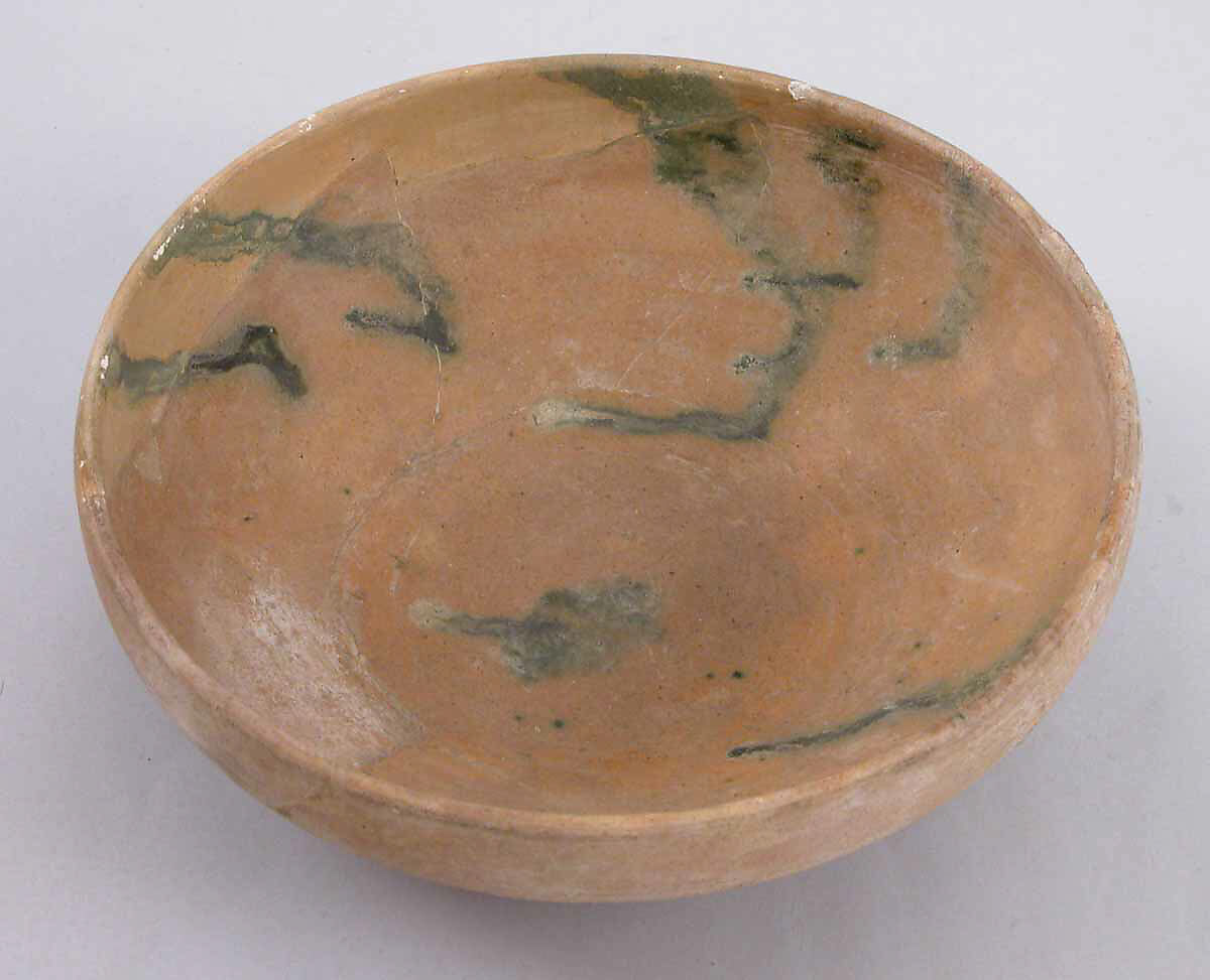 Bowl, Earthenware; buff slip, splashed green glaze (buff ware)