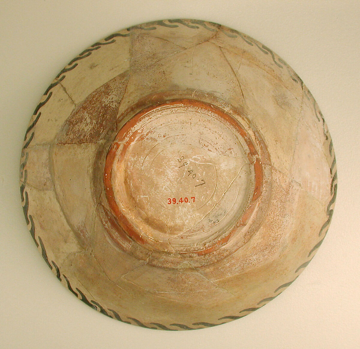 Bowl, Earthenware; white slip with polychrome slip decoration under transparent glaze