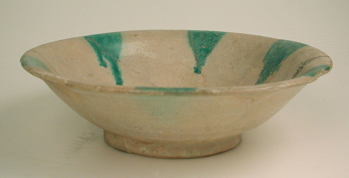 Imitation Green-Splashed Samarra Ware, Earthenware; painted in black with splashes of green on opaque white (tin) glaze