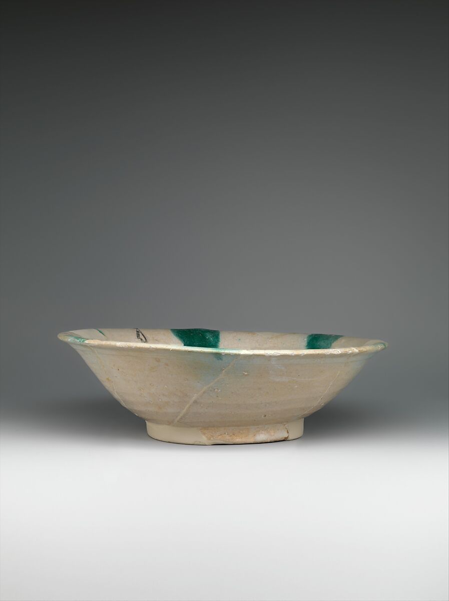 Imitation Green-Splashed Samarra Ware, Earthenware; painted in black with splashes of green on opaque white (tin) glaze