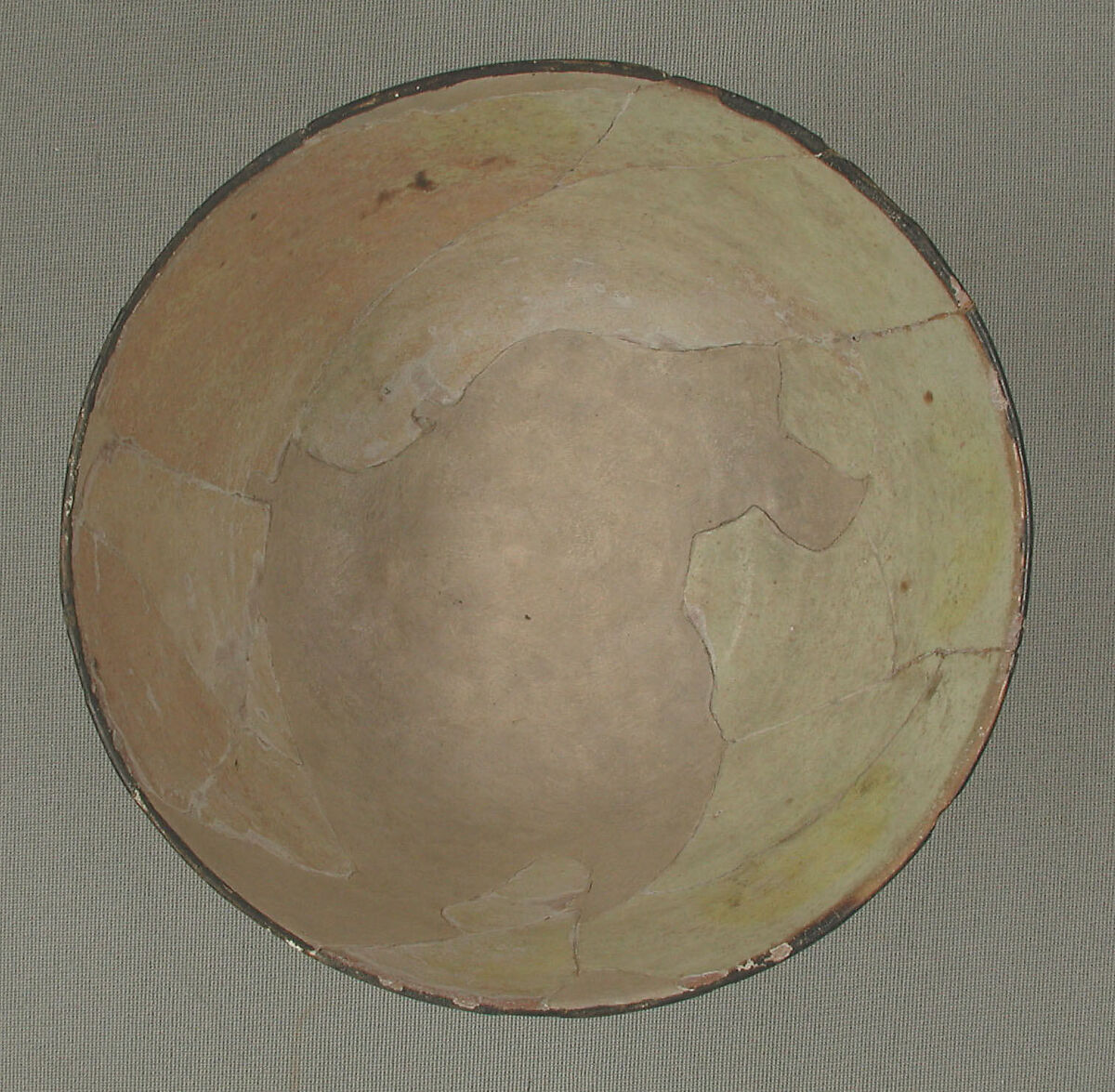 Bowl with Repeating Inscription, "Happiness", Earthenware; white slip with "yellow-staining black" decoration under glaze