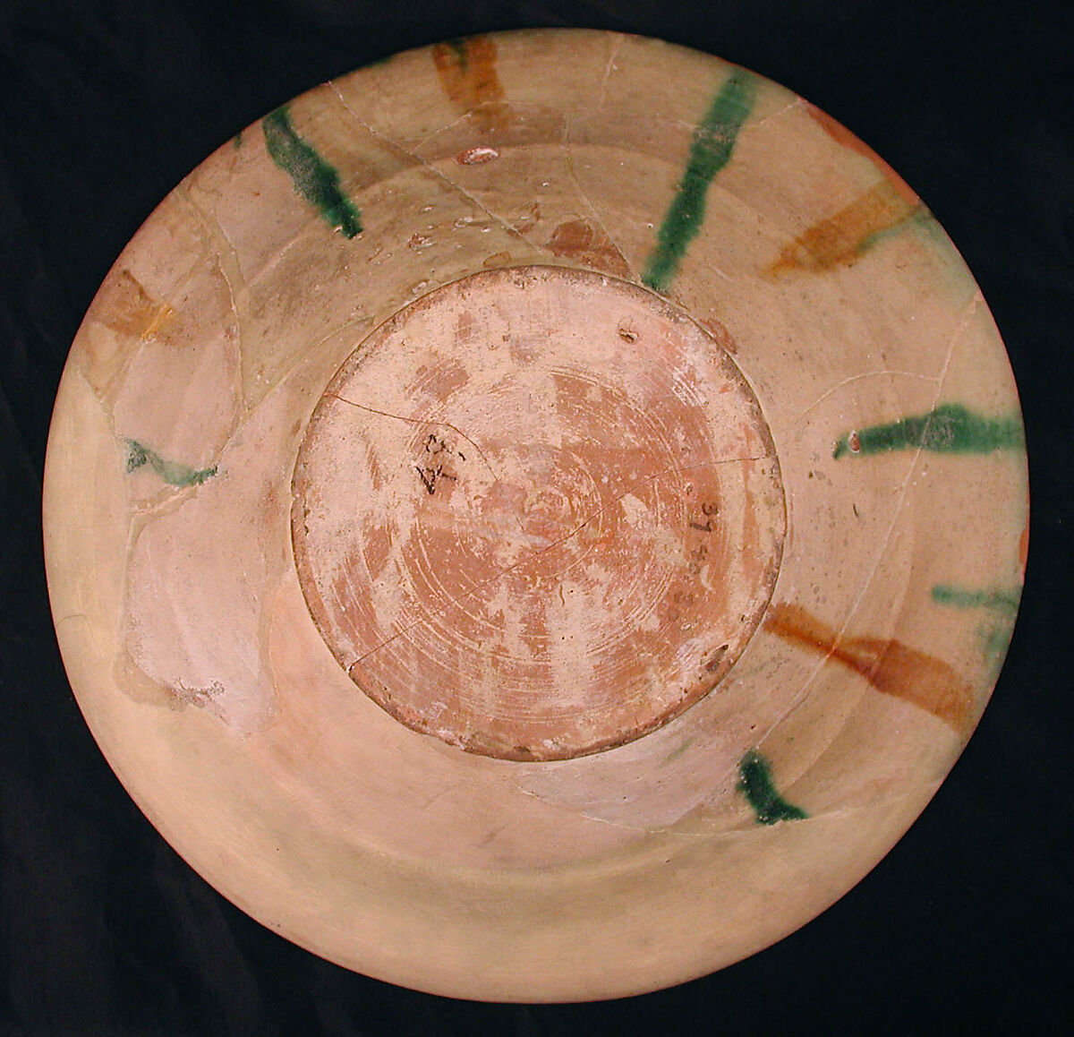 Bowl, Earthenware; white slip, incised and splashed with polychrome glazes under transparent glaze (sgraffito ware)