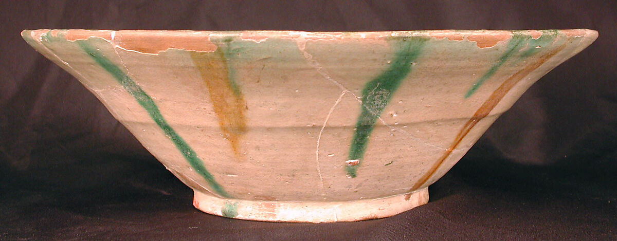 Bowl, Earthenware; white slip, incised and splashed with polychrome glazes under transparent glaze (sgraffito ware)