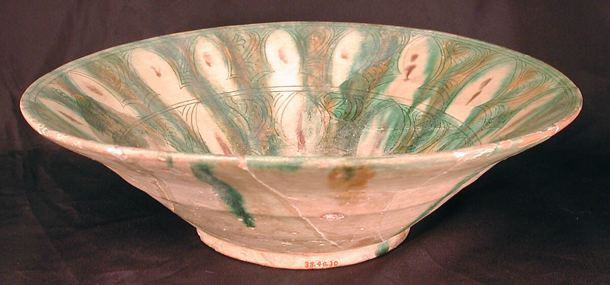 Bowl, Earthenware; white slip, incised and splashed with polychrome glazes under transparent glaze (sgraffito ware)