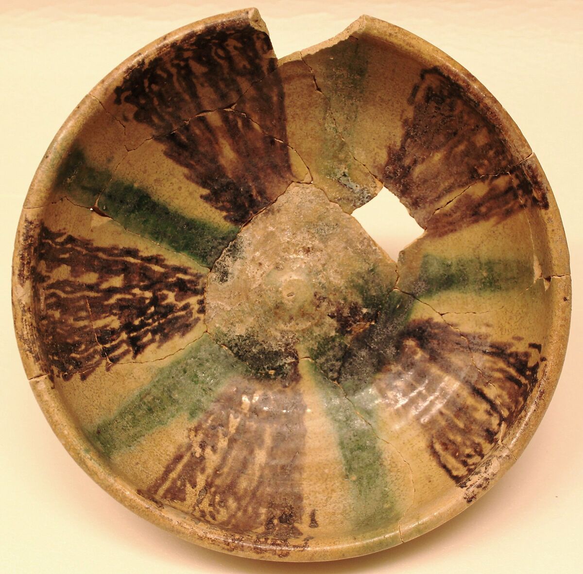 Bowl, Earthenware; slip covered with polychrome slip decoration under monochrome glaze 