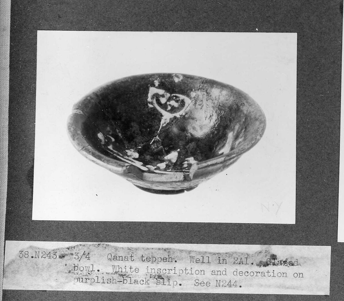 Bowl, Earthenware; purplish black slip with white decoration, glazed 