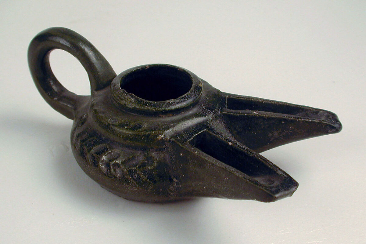 Ceramic Oil Lamp, Earthenware; molded, glazed 