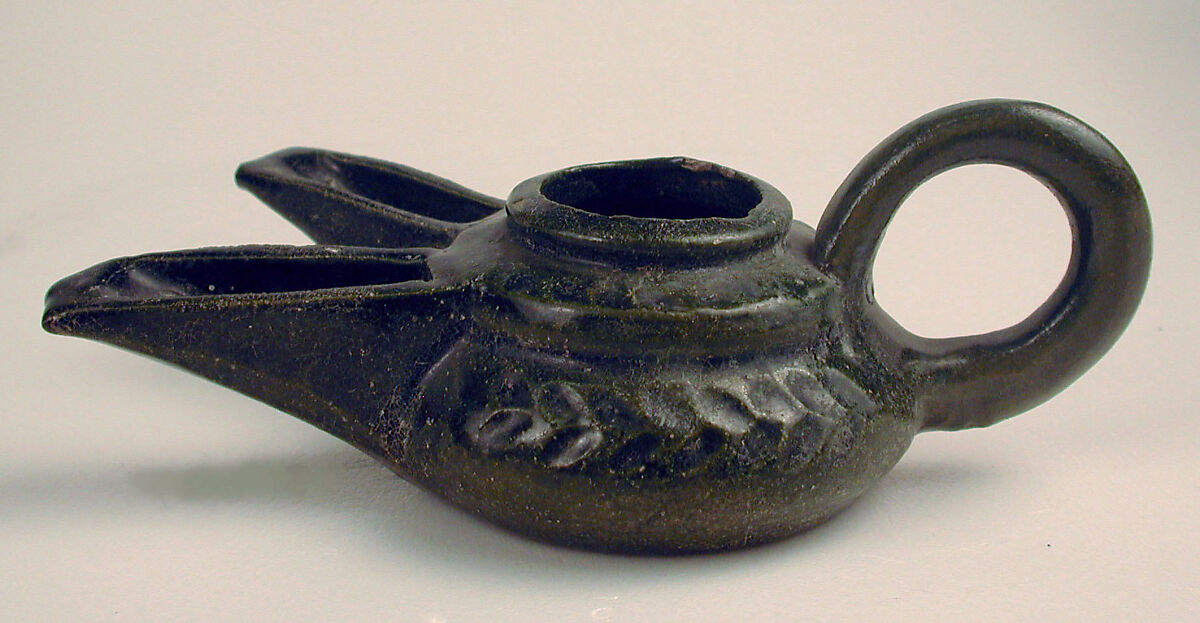 Ceramic Oil Lamp, Earthenware; molded, glazed