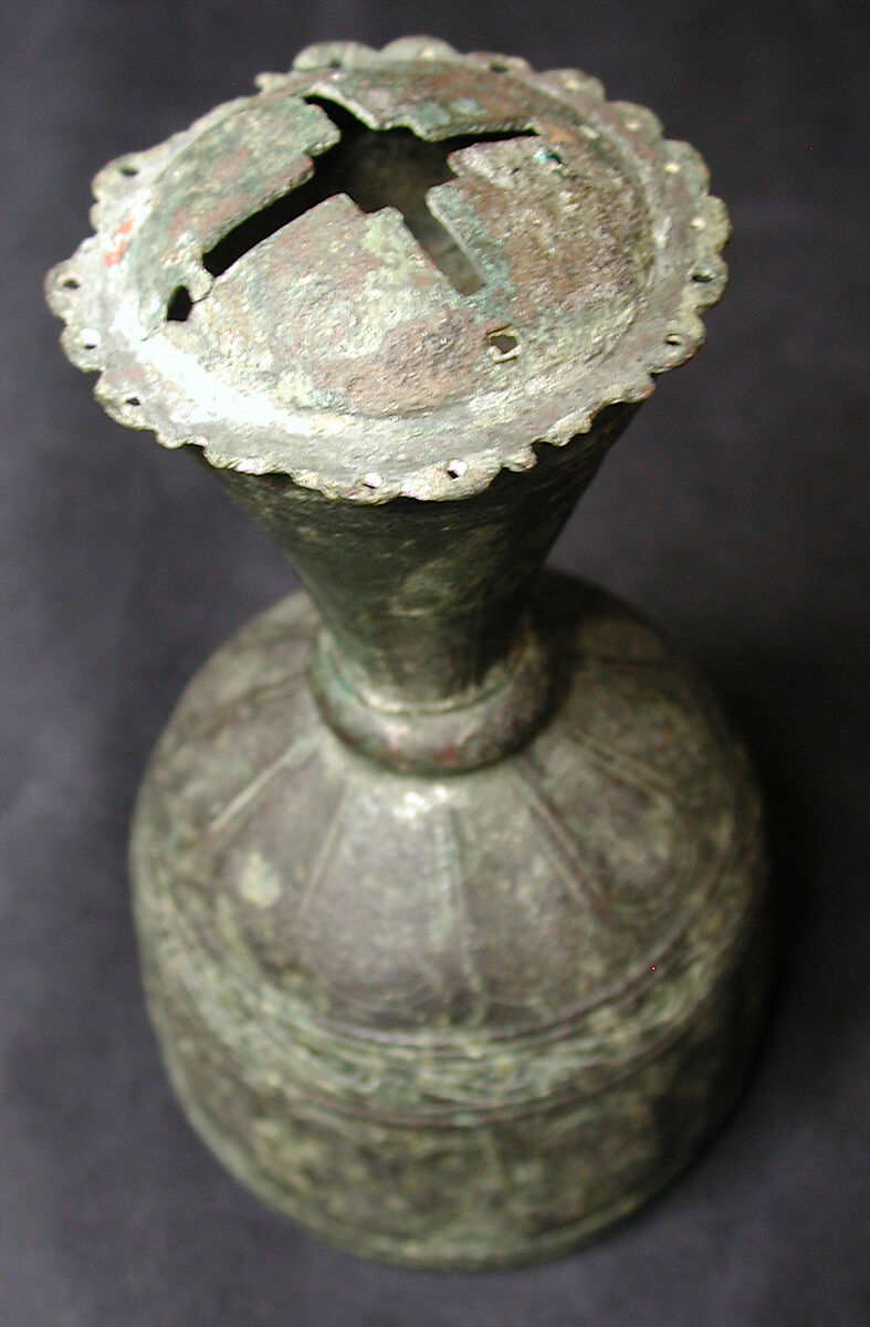 Metal Bottle with Faceted Design, Brass; cast, chased, engraved